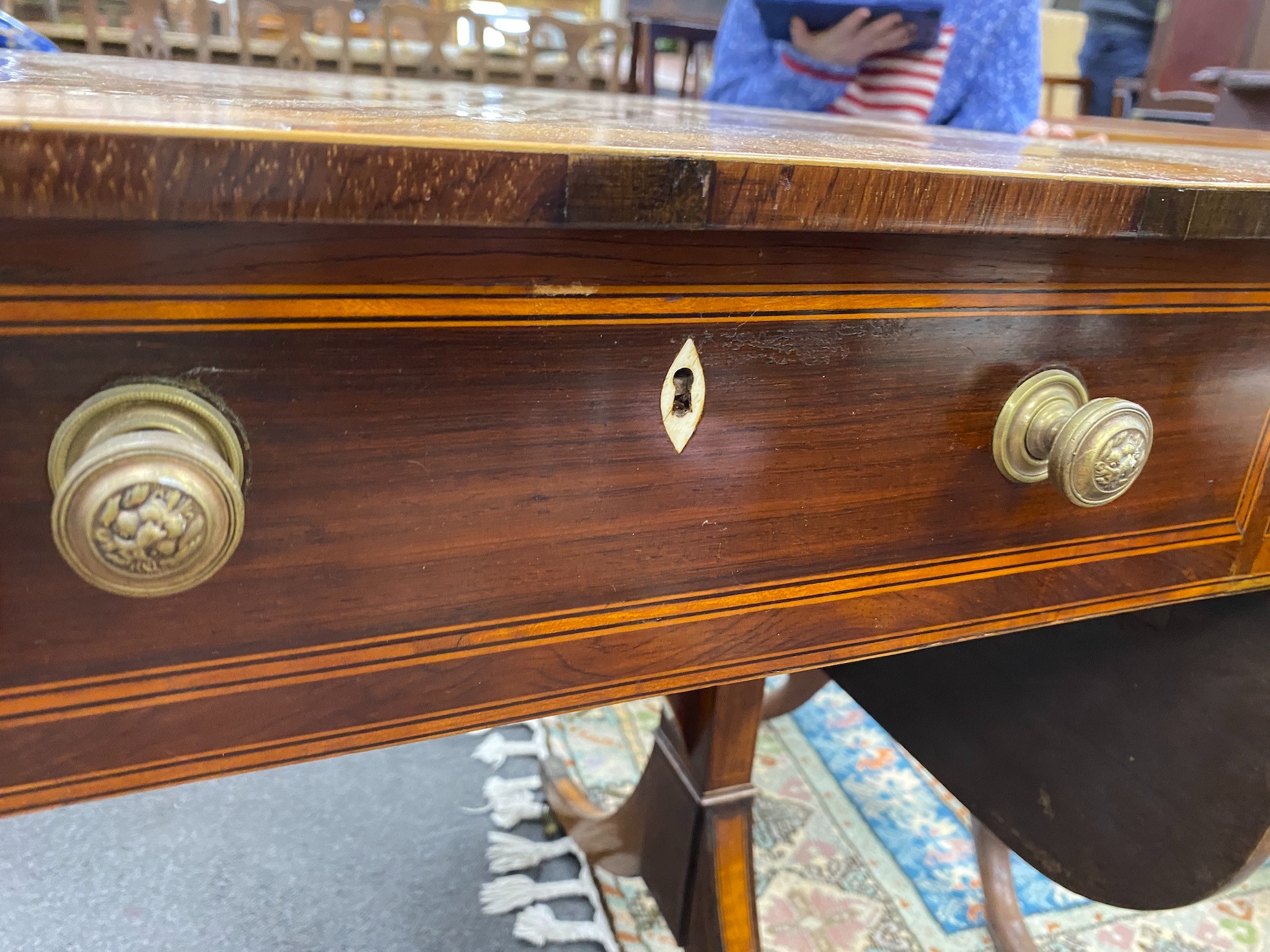 A George III satinwood banded faded rosewood sofa table, width 92cm, depth 69cm, height 74cm
